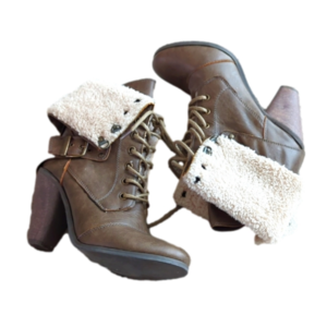 Women’s Cold-Weather Beige Bucco Lace-Up Faux Fur Heel Ankle Bootie Size 10